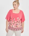 Jm Collection Plus Size Printed Square-neck Short-sleeve Top, Exclusively At Macy's In Pink Royal