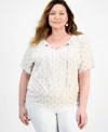 Jm Collection Plus Size Printed Tie Split Neck Top, Exclusively At Macy's In Neutral