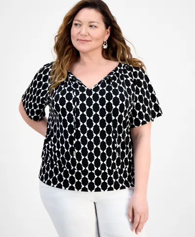 Jm Collection Plus Size Printed Tie Split Neck Top, Exclusively At Macy's In Black