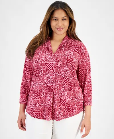 Jm Collection Plus Size Printed V-neck 3/4 Sleeve Top, Created For Macy's In Blossom Berry Combo