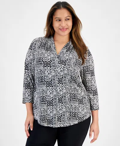 Jm Collection Plus Size Printed V-neck 3/4 Sleeve Top, Created For Macy's In Neo Natural Combo