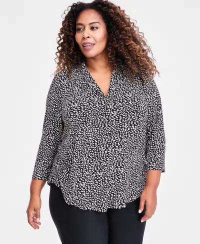 Jm Collection Plus Size Printed V-neck 3/4-sleeve Top, Macy's Exclusive In Black