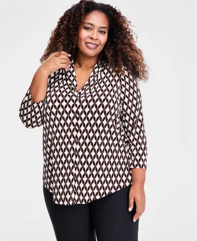 Jm Collection Plus Size Printed V-neck 3/4-sleeve Top, Macy's Exclusive In Brown