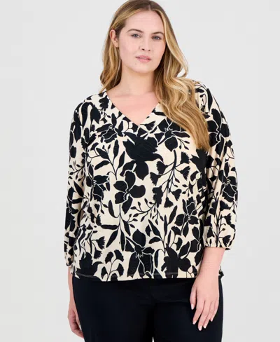 Jm Collection Plus Size Printed V-neck Jacquard Top, Macy's Exclusive In Multi