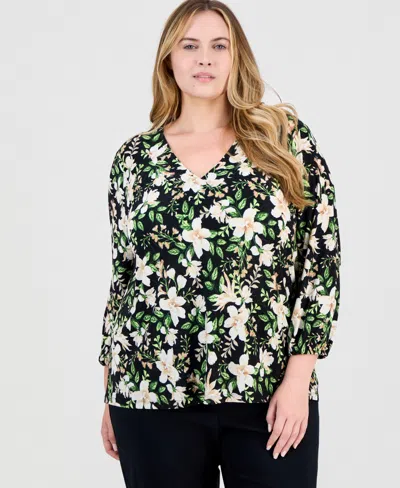 Jm Collection Plus Size Printed V-neck Jacquard Top, Macy's Exclusive In Multi