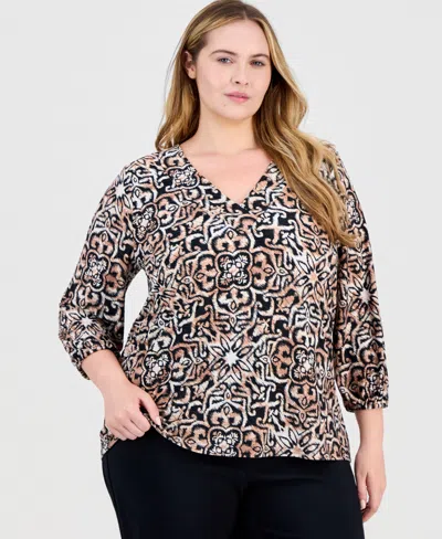 Jm Collection Plus Size Printed V-neck Jacquard Top, Macy's Exclusive In Multi