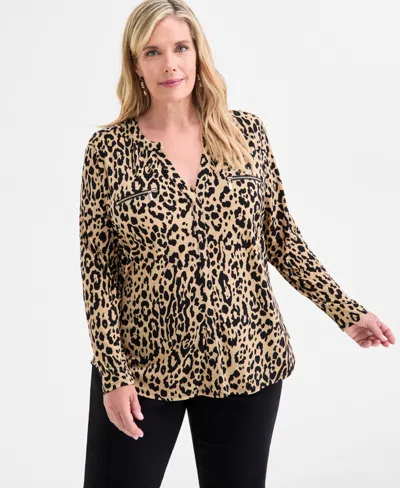 Jm Collection Plus Size Printed V-neck Long-sleeve Top In Multi