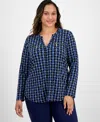 Jm Collection Plus Size Printed V-neck Long-sleeve Top In Multi