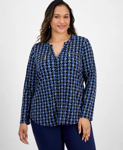 Jm Collection Plus Size Printed V-neck Long-sleeve Top In Multi