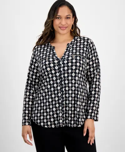 Jm Collection Plus Size Printed V-neck Long-sleeve Top In Multi