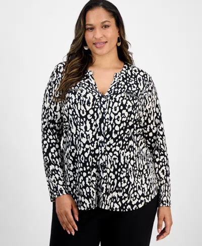 Jm Collection Plus Size Printed V-neck Long-sleeve Top In Multi