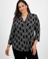 Jm Collection Plus Size Printed V-neck Top, Exclusive At Macy's In Black