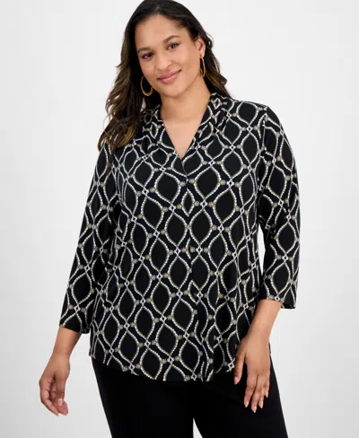 Jm Collection Plus Size Printed V-neck Top, Exclusive At Macy's In Black