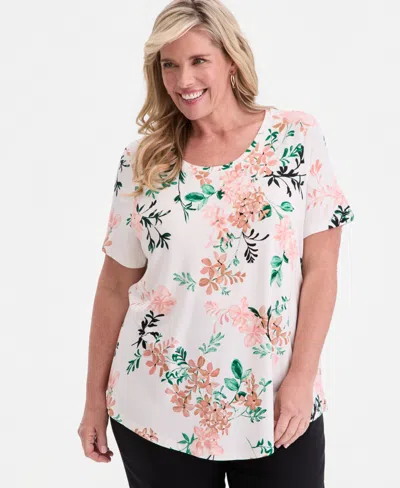 Jm Collection Plus Size Reve Garden Scoop-neck T-shirt, Macy's Exclusive In Multi