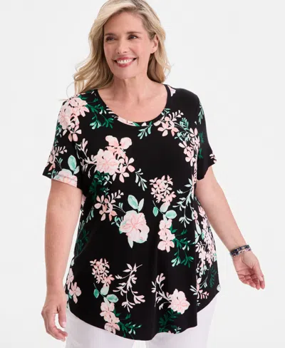 Jm Collection Plus Size Reve Garden Scoop-neck T-shirt, Macy's Exclusive In Black