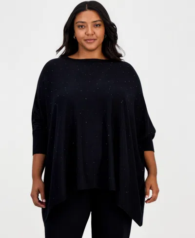 Jm Collection Plus Size Rhinestone Boatneck 3/4-sleeve Poncho, Macy's Exclusive In Black