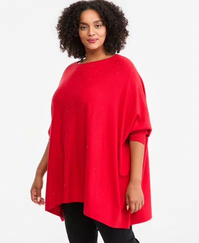 Jm Collection Plus Size Rhinestone Boatneck 3/4-sleeve Poncho, Macy's Exclusive In Red
