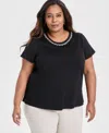 Jm Collection Plus Size Rhinestone-trim T-shirt, Exclusively At Macy's In Deep Black