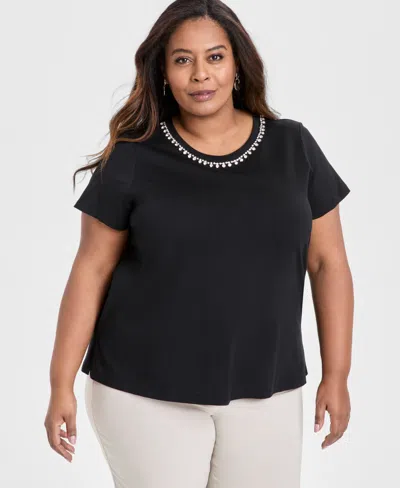 Jm Collection Plus Size Rhinestone-trim T-shirt, Exclusively At Macy's In Deep Black