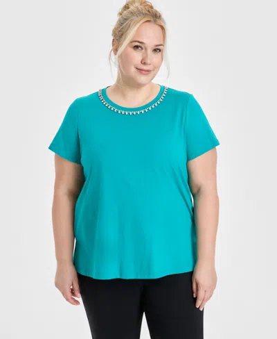 Jm Collection Plus Size Rhinestone-trim T-shirt, Exclusively At Macy's In Neo Jade Combo