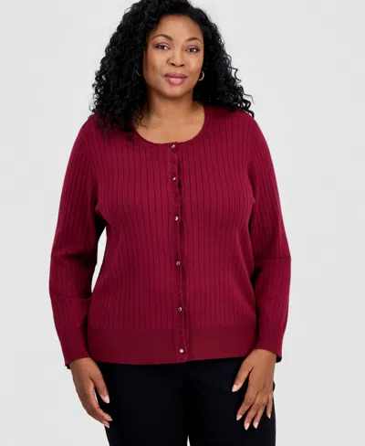 Jm Collection Plus Size Ribbed Scoop-neck Cardigan, Macy's Exclusive In Red