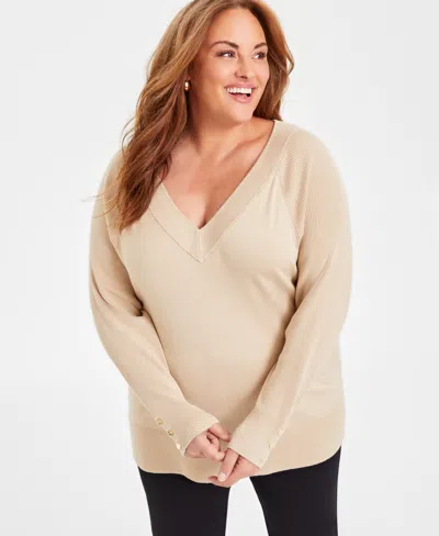 Jm Collection Plus Size Ribbed V-neck Sweater, Created For Macy's In Coffee Cake
