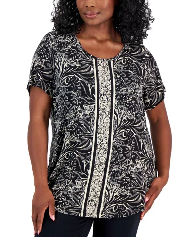 Jm Collection Plus Size Runway Print Short-sleeve Top, Created For Macy's In Deep Black Combo