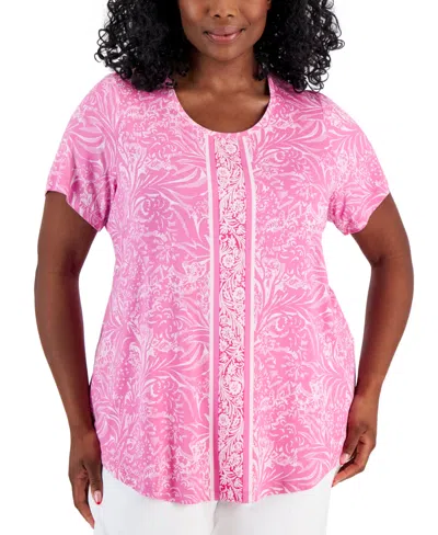 Jm Collection Plus Size Runway Print Short-sleeve Top, Created For Macy's In Phlox Pink Combo