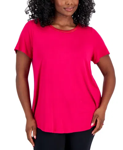 Jm Collection Plus Size Satin Trim Neck Short-sleeve Top, Created For Macy's In Claret Rose