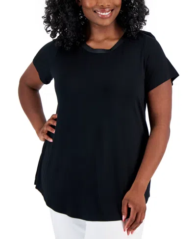 Jm Collection Plus Size Satin Trim Neck Short-sleeve Top, Created For Macy's In Deep Black