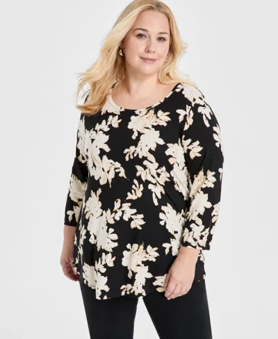 Jm Collection Plus Size Scoop-neck 3/4-sleeve Top, Exclusively At Macy's In Black