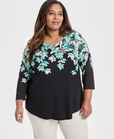 Jm Collection Plus Size Scoop-neck 3/4-sleeve Top, Exclusively At Macy's In Deep Black Combo
