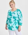Jm Collection Plus Size Scoop-neck 3/4-sleeve Top, Exclusively At Macy's In Neo Jade Combo