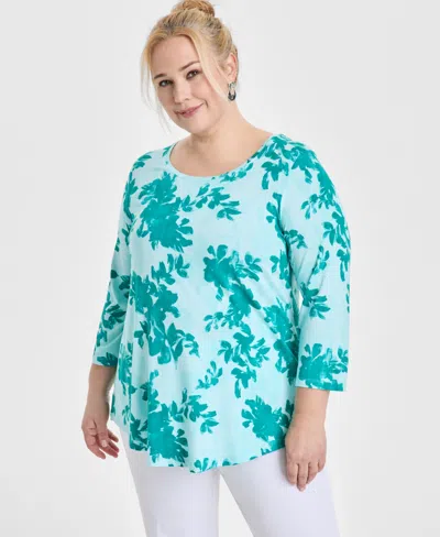 Jm Collection Plus Size Scoop-neck 3/4-sleeve Top, Exclusively At Macy's In Neo Jade Combo
