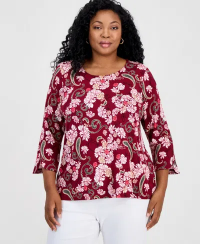 Jm Collection Plus Size Scoop-neck 3/4-sleeve Top, Macy's Exclusive In Cherry Pie