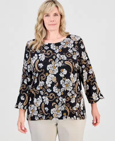 Jm Collection Plus Size Scoop-neck 3/4-sleeve Top, Macy's Exclusive In Deep Black