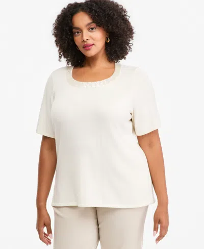 Jm Collection Plus Size Sequin Short-sleeve Scoop Neck Sweater, Macy's Exclusive In White