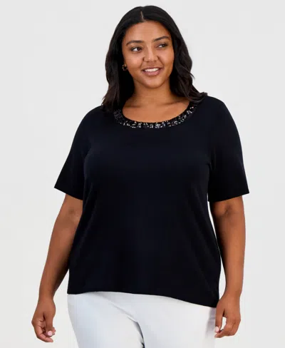 Jm Collection Plus Size Sequin Short-sleeve Scoop Neck Sweater, Macy's Exclusive In Black