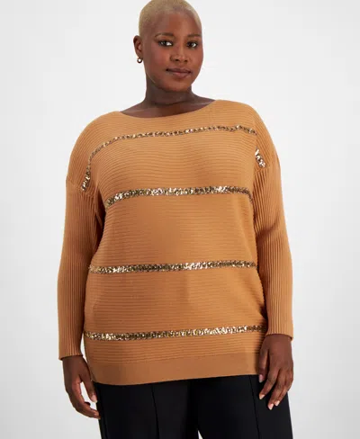 Jm Collection Plus Size Sequin-stripe Boat-neck Sweater, Created For Macy's In Canyon Trail