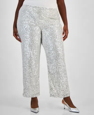 Jm Collection Plus Size Sequin Wide-leg Split-hem Pants, Created For Macy's In Neo Natural