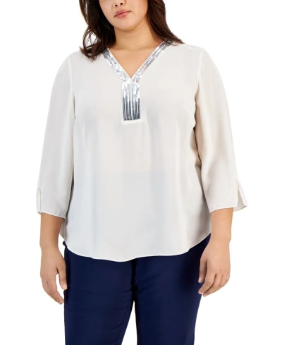 Jm Collection Plus Size Sequined-neck 3/4-sleeve Top, Created For Macy's In Neo Natural