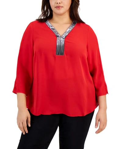 Jm Collection Plus Size Sequined-neck 3/4-sleeve Top, Created For Macy's In Real Red