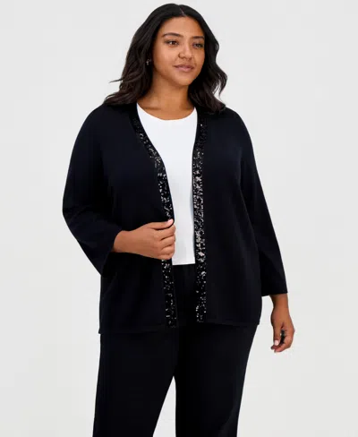 Jm Collection Plus Size Sequin-embellished Open Front Cardigan, Macy's Exclusive In Black