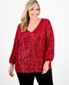 Jm Collection Plus Size Sequinned V-neck 3/4-sleeve Top, Macy's Exclusive In Red