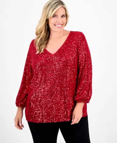Jm Collection Plus Size Sequinned V-neck 3/4-sleeve Top, Macy's Exclusive In Red