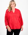 Jm Collection Plus Size Shine Jacquard Blouson-sleeve Blouse, Macy's Exclusive In Red