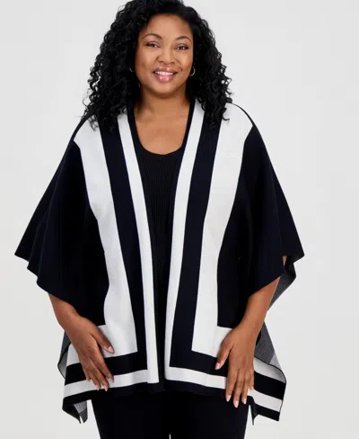 Jm Collection Plus Size Short-sleeve Colorblock Open-front Cardigan, Macy's Exclusive In Black,bright White