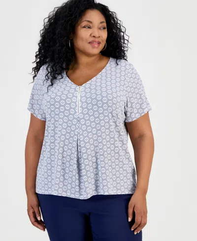 Jm Collection Plus Size Simple Tiles V-neck Zipper Top, Macy's Exclusive In Blue