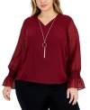 JM COLLECTION PLUS SIZE SMOCKED-SLEEVE NECKLACE TOP, CREATED FOR MACY'S