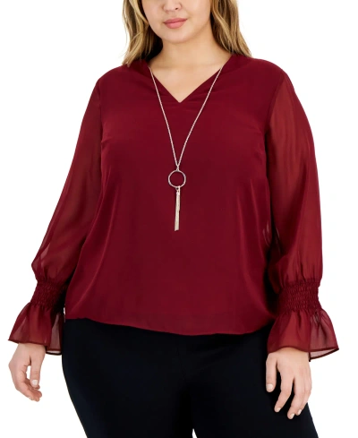 Jm Collection Plus Size Smocked-sleeve Necklace Top, Created For Macy's In Dark Rust
